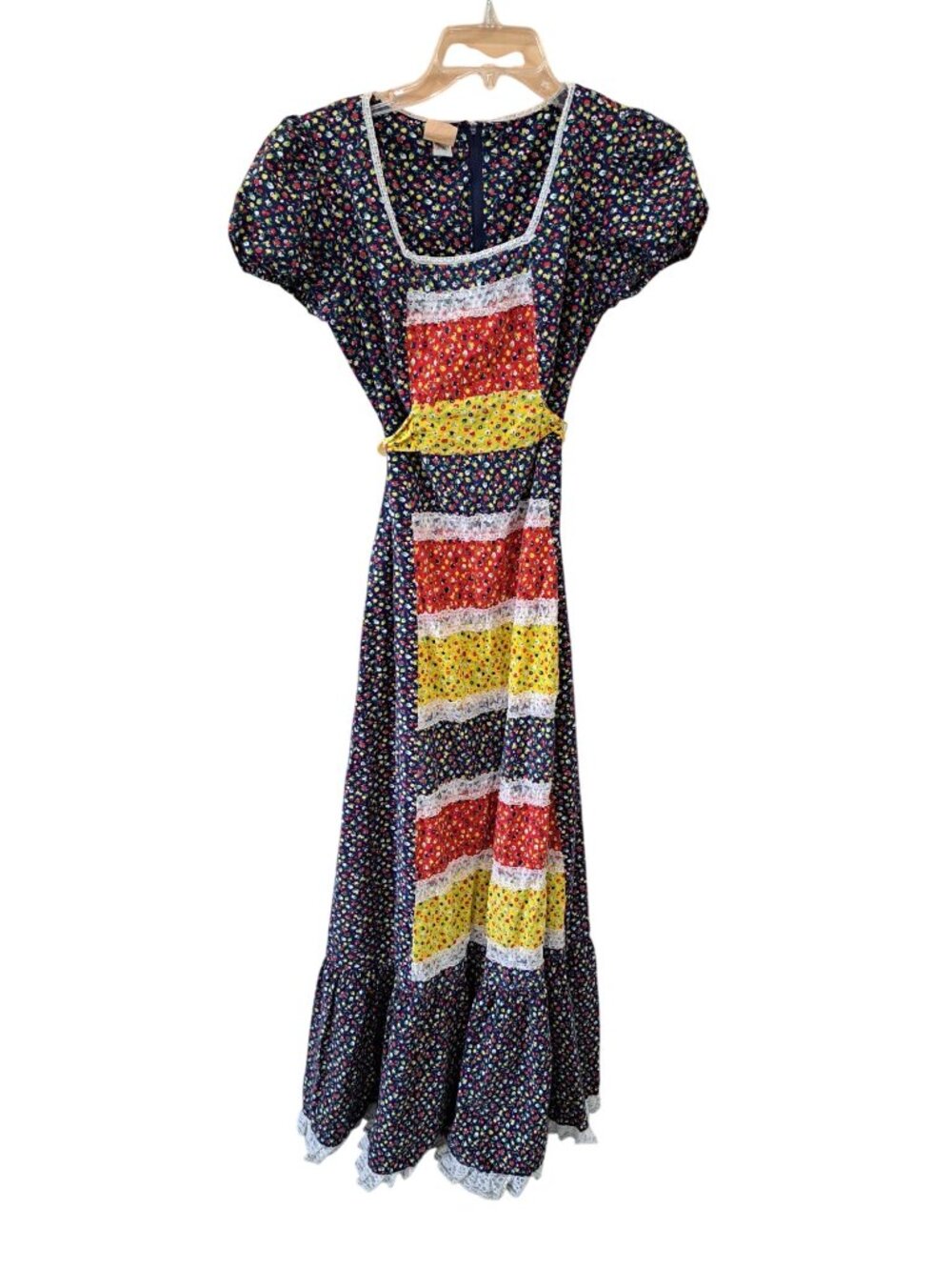 Vintage 70's Floral Patchwork Prairie Maxi Dress Lace Trim Multi-Color S Cotton - Picture 2 of 16